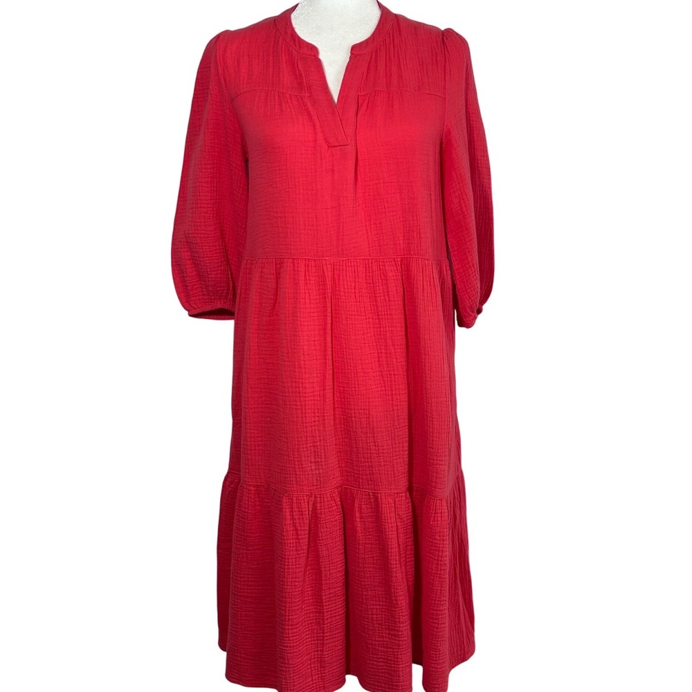 Joan Vass Red Cotton Gauze Tiered Midi Dress Womens XS 3/4 Sleeve Loose KY Derby